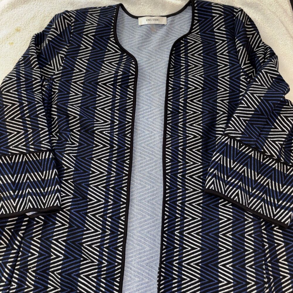 Jones Studio Jacket Long Geometric Print Open Front Dress Coat Blazer Pockets A
